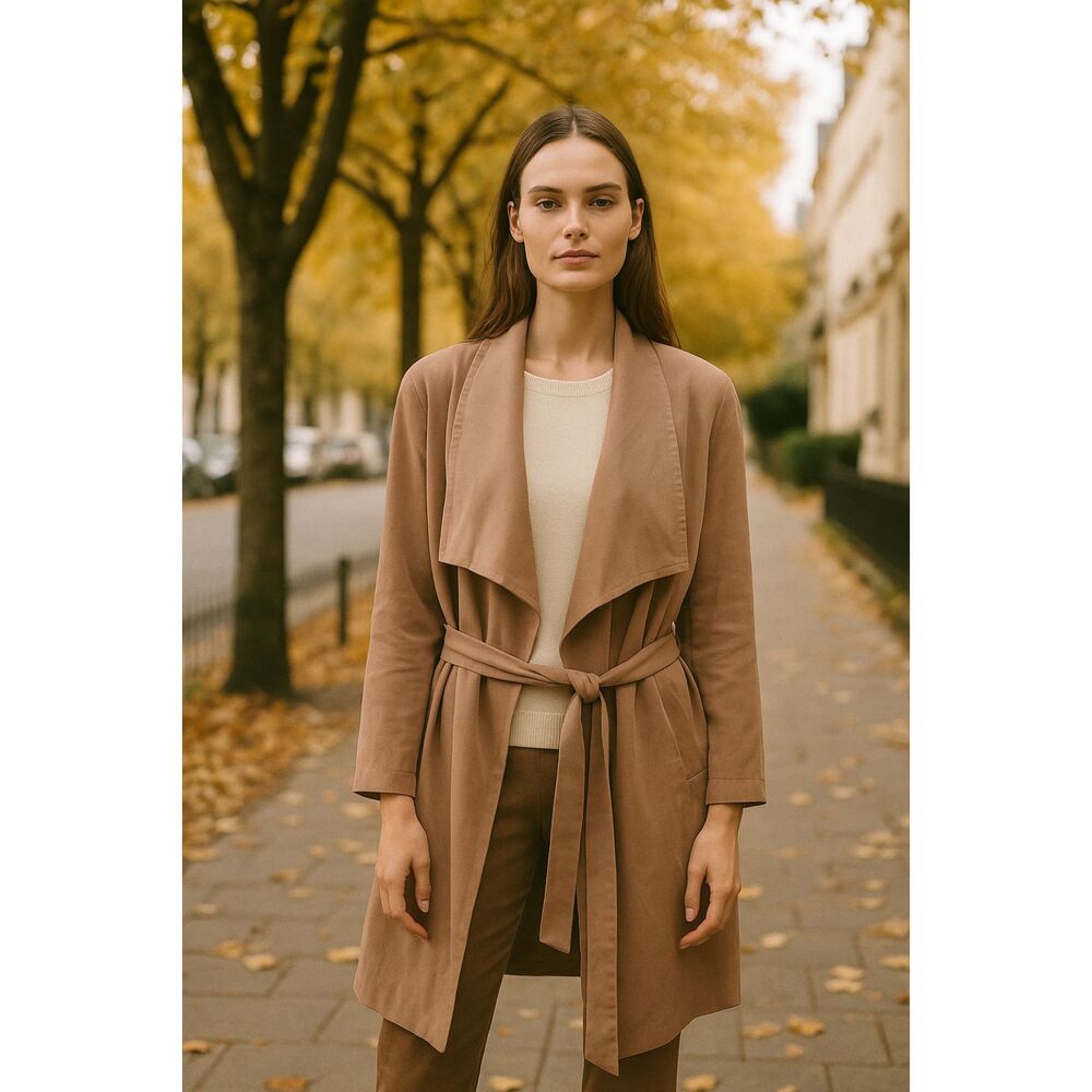 Pure Navy Waterfall Open Front Belted Trench Coat in Portobello Tan M NWOT